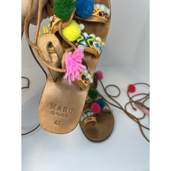 Mabu by Maria BK Gladiator Leather Boho Sandals with Colorful Pom-Poms Size 40 - Picture 2 of 10